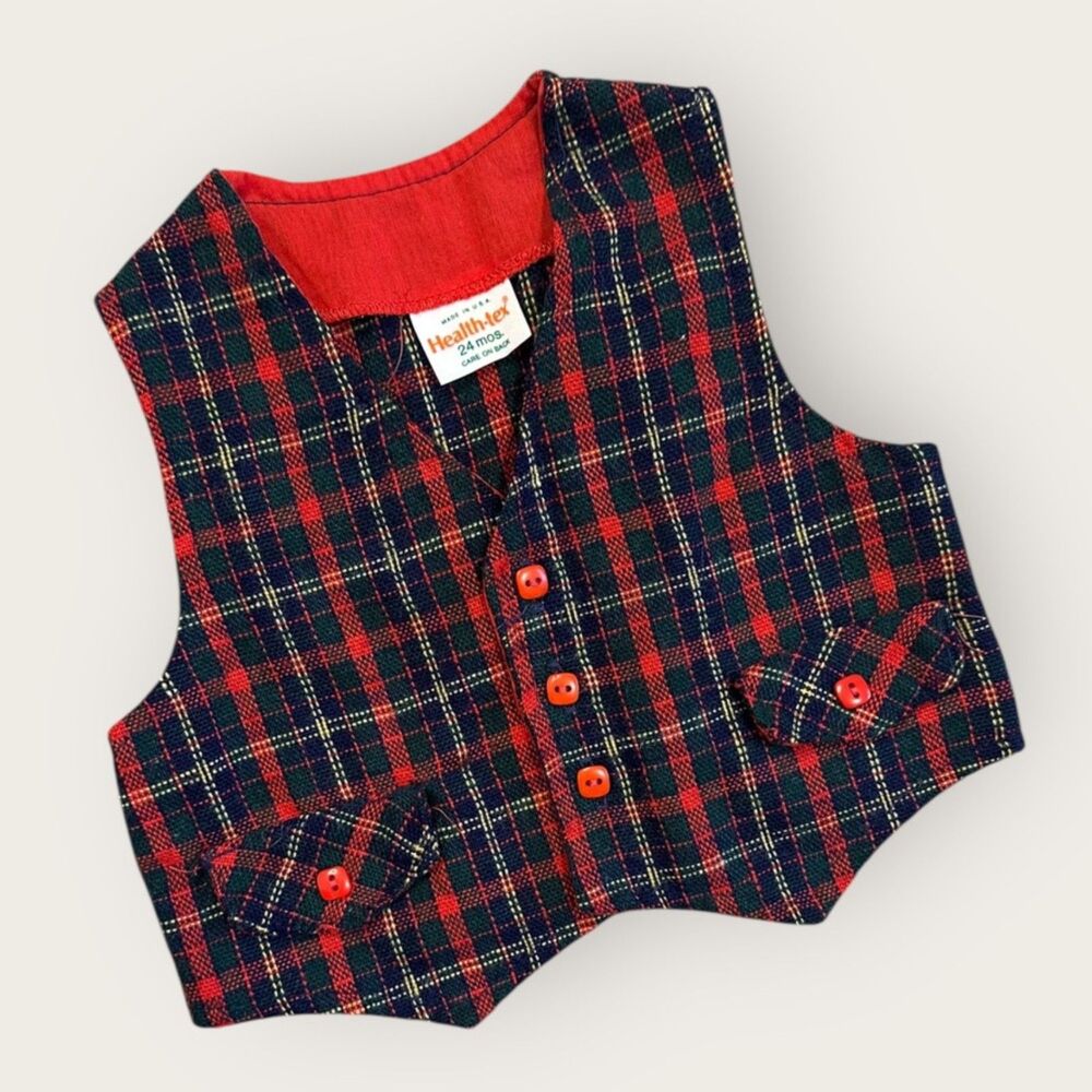 Vintage Healthtex Baby Plaid Vest Red Green USA Made 24 Months